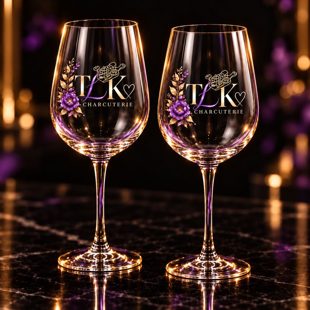 Two elegant TLK logo wine glasses