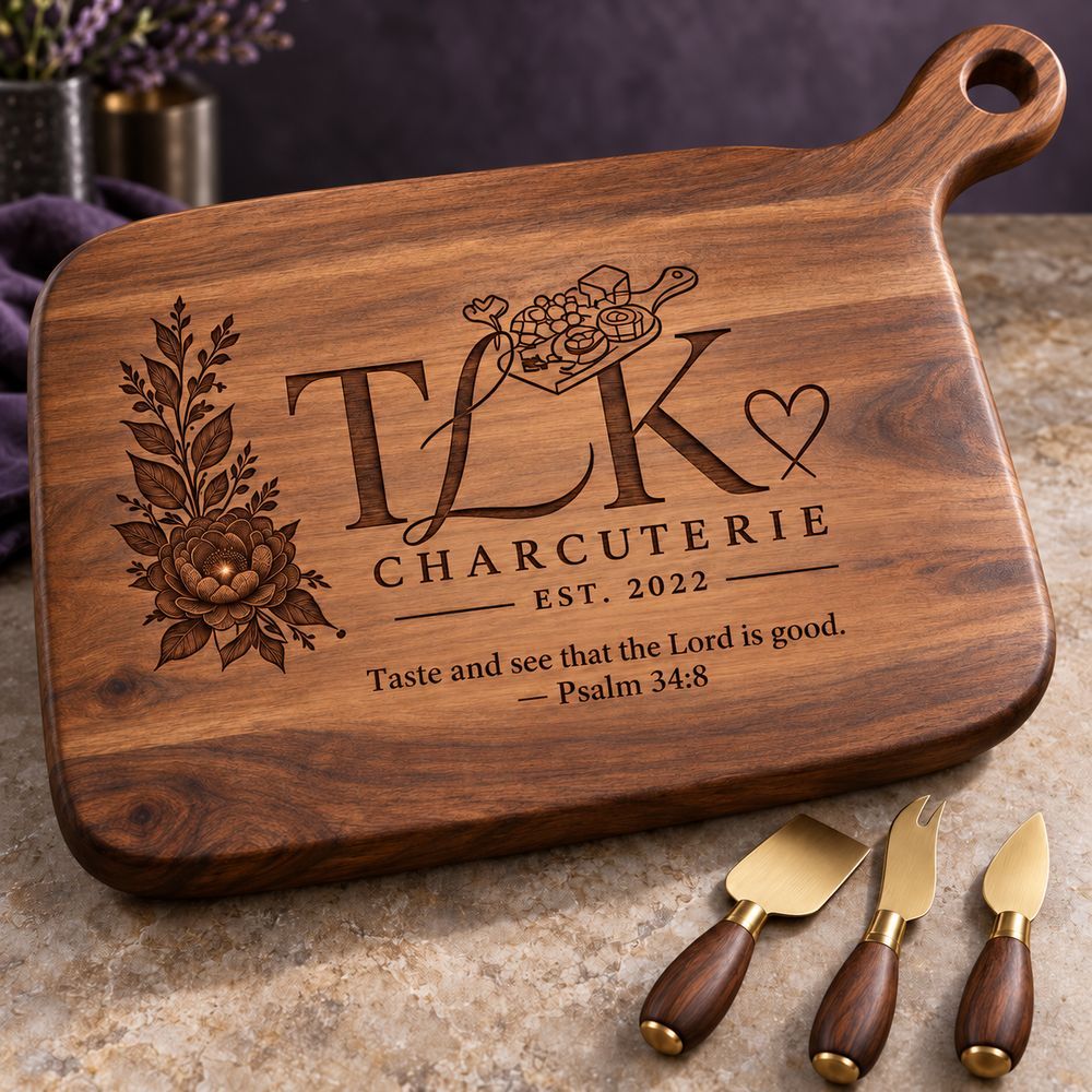 Wooden TLK charcuterie board engraved with Psalm 34:8